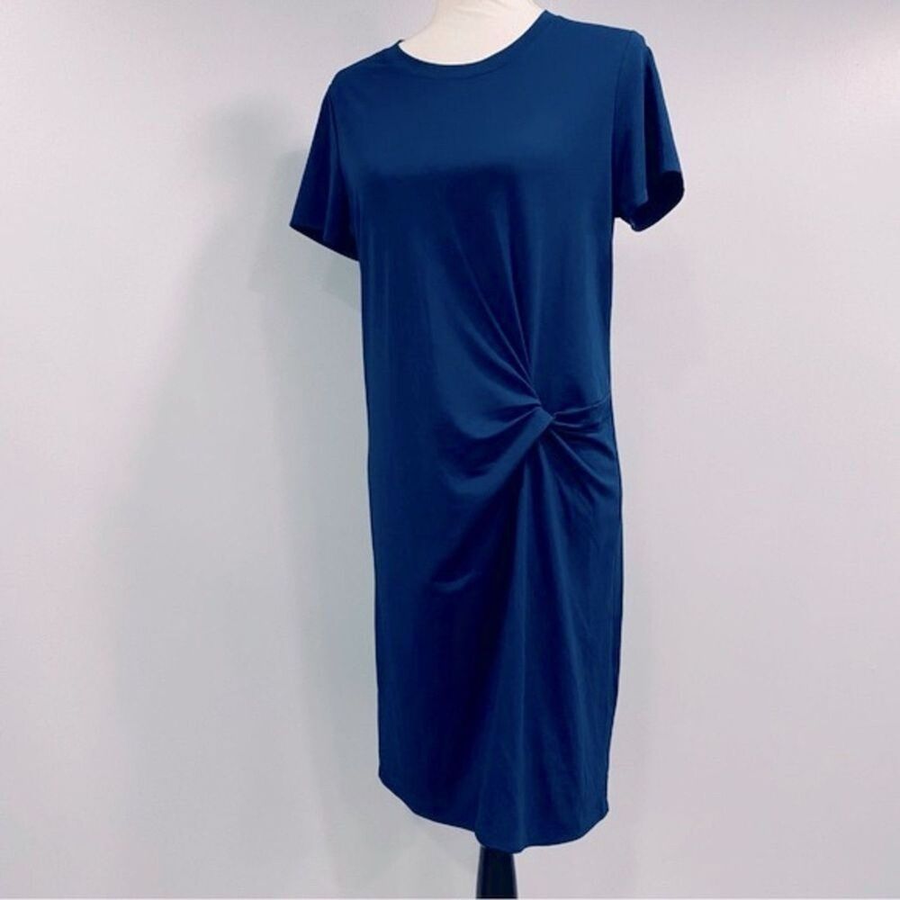BANANA REPUBLIC S Blue Ponte Knit Twist Front Casual Shift T-Shirt Midi Dress